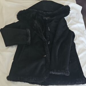 Jones New York Black Faux-Fur Trim Hooded Trench Coat